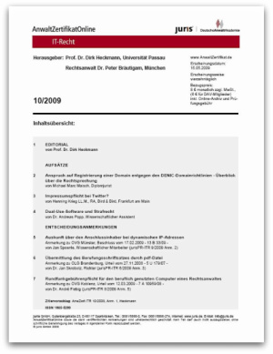 Deckblatt AZO 10/2009, u.a. "Impressumspflicht für Twitter?" Deckblatt AZO 10/2009, u.a. "Impressumspflicht für Twitter?"